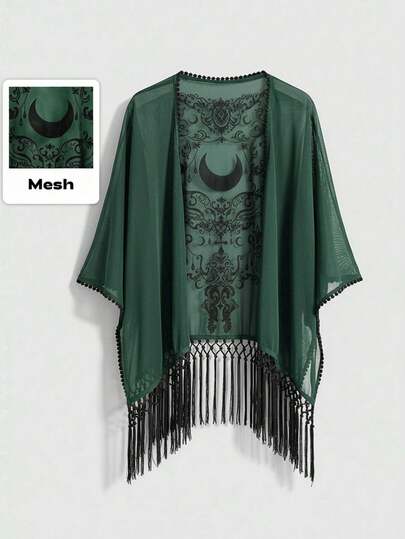ROMWE EDITION Romantic Gothic Vintage Baroque Vine Moon Pattern Flocked Fabric Spring/Summer Bohemian Textured Asymmetrical Fringe Hem Women Cardigan Top Shawl