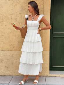 Serisse Đầm nữ mùa hè màu trơn, chất liệu vải dệt, có bèo nhún ở gấu váy. - trắng - Xem 8