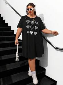 SHEIN CURVE+ 夏季大码心形印花针织弹力 A 字连衣裙