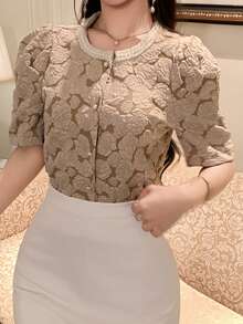 DAZY Women's Elegant Jacquard Puff Sleeve Blouse, Summer - Khaki - View 6