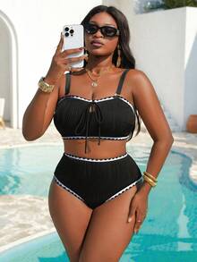 Women's Textured Bandeau Bikini Set For Summer Vacation, Size - 黑色 - 查看 3