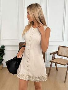 Easowa 女士纯色圆领单排扣休闲无袖迷你连衣裙，休闲服饰 - 杏色 - 查看 4