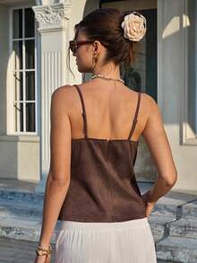 Cévolie 女士新款春夏法式睫毛宽檐蕾丝拼接V领百搭透气复古绒面吊带衫 - 鏽棕色 - 查看 2