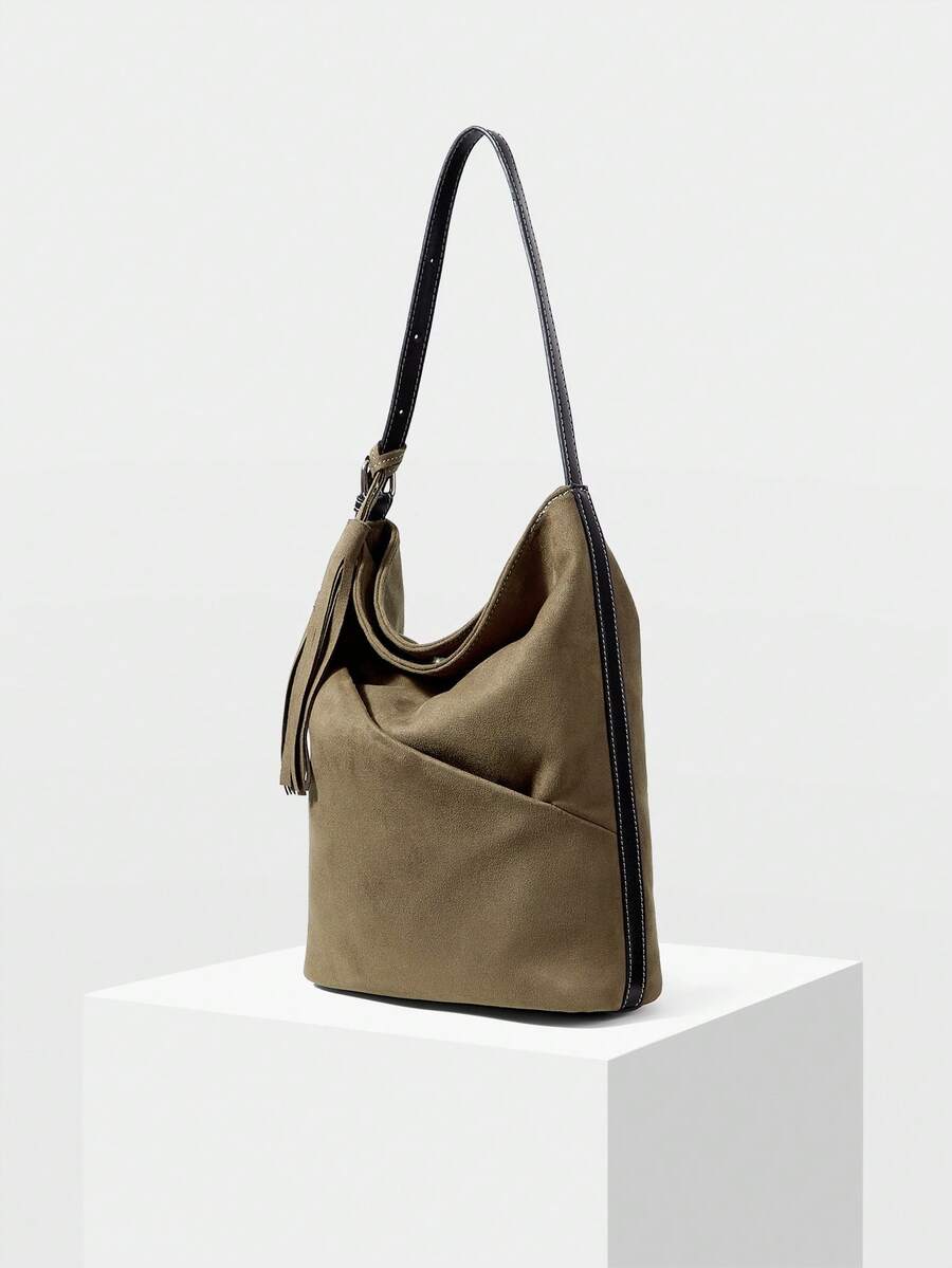 MOTF 女士手提包，流苏水桶包，柔软麂皮材质 - 橄欖綠 - 查看 1