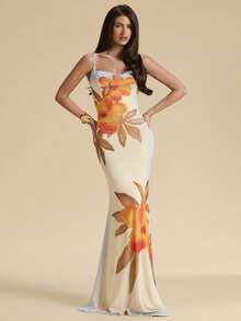 SHEIN BAE 黄色碎花垂领连衣裙，优雅女士长裙，适合海滩度假和夏季穿着。 - 杏色 - 查看 5