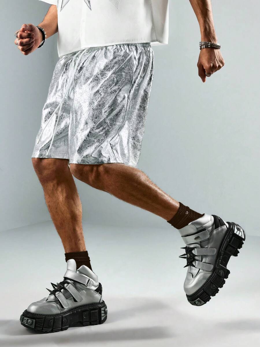 ROMWE MEN Street Life 男士休闲抽绳腰银色5英寸短裤 - 銀色 - 查看 1