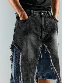 ROMWE MEN Street Life Men's Distressed Denim Shorts With Frayed Hem - Blue - View 2