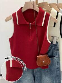 Resyla 女士撞色滚边无袖半拉链针织背心 - 紅色 - 查看 1