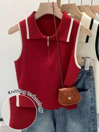 Resyla Women's Contrast Trim Sleeveless Half-Zip Knit Vest