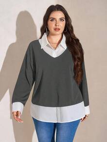 SHEIN LUNE 大码女式黑白撞色连帽衫衬衫领二合一上衣 感恩节女装 新年女装 冬季女装 锐舞派对 - 灰色 - 查看 3