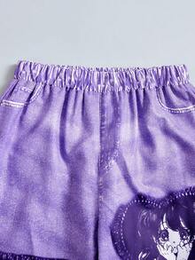 Sparklyn Bộ 2 món cho bé gái, phong cách đường phố cá tính, năng động, họa tiết ngôi sao đính kèm, áo thun dệt kim ngắn ôm sát + quần cargo ống rộng in họa tiết giả denim. - Màu tím - Xem 7