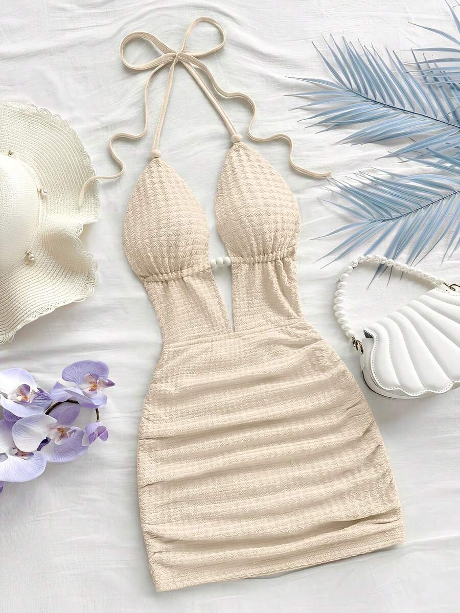 Soleia Women's Summer Vacation Solid Color Textured Halter Bodycon Mini Dress Spring Valentine's Day Party Dresses Wedding Guest For Women Outfits - Apricot - View 1