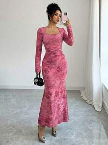 SHEIN Elenzya Đầm midi đuôi cá thanh lịch thắt eo, cổ thiên nga, in họa tiết hoa dành cho nữ, thích hợp cho các bữa tiệc và sự kiện. - Nhiều màu - Xem 5
