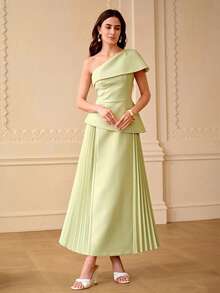ZEYLAH Asymmetric Neck Waist Gathered Midi Dress, Spring/Summer - Mint Green - View 5