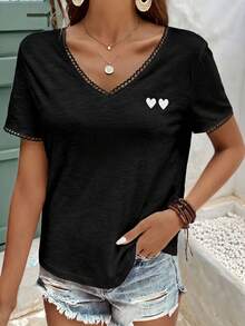 SHEIN Frenchy Heart Embroidery Contrast Lace Trim V Neck Tee,Summer Top - Black - View 3