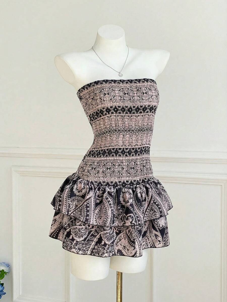Women's Floral Print Ruffle Hem Strapless Mini Dress, Vacation Style - Black and Gold - View 1