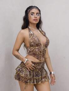 女式露背豹纹背心和时尚低腰短裙套装 - 彩色 - 查看 4