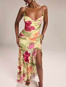 SHEIN BAE Women's Yellow Tropical Floral Draped Neck Backless Tie Dress, Floral Dress, Vacation Dress, Spring/Summer Resort Wear Hawaii Dress Luau Dress Tropical Dresses Vacation Garden Party Formal Dress Dinner Dresses For Vacation Floral Formal Dress Birthday Dress Sexy Summer - Yellow - View 7
