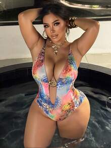 Swim SXY 2026新款彩色箔印镂空露背可调节连体泳衣，性感夏季海滩度假装 - 彩色 - 查看 2