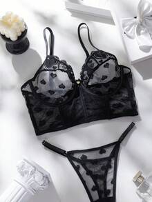 Valentine's Day Heart Mesh & Lace Underwire Bra With Matching Thong Panty Set