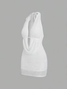 Sweetra 女士白色露背迷你连衣裙，针织纹理镂空修身款，夏季Y2K优雅度假派对连衣裙，夏季连衣裙，优雅派对连衣裙，女士沙滩连衣裙，婚礼宾客连衣裙，外出装扮，优雅连衣裙，女士度假连衣裙，女士休闲连衣裙，女士正式连衣裙 - 白色 - 查看 3