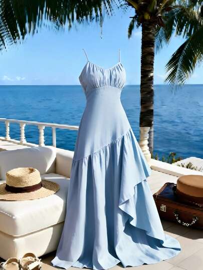 GlowEve 新款无袖褶皱设计梭织纯色露背优雅不规则荷叶边下摆连衣裙，适合年轻女性度假穿着。