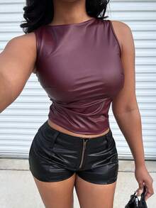 Alexandranx Women Solid Ruched Crew Neck Casual Camisole - Burgundy - View 3