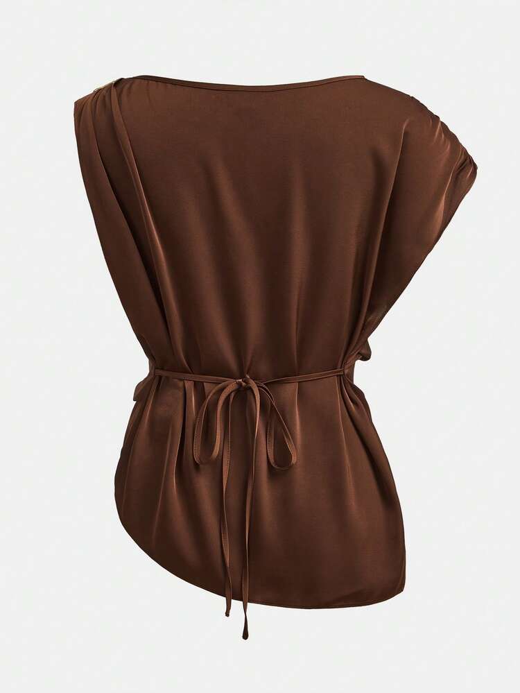 SHEIN Maija Women's Casual Solid Color Pleated Asymmetric Collar Short Sleeve Top Asymmetrical Top Draped Top Earthy Top Coffee Brown Top Valentine's Day Elegant Spring To Summer