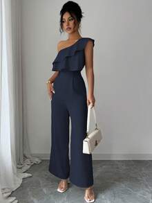 Elenzga Women's Vacation Style Office Commute Beach Party Oblique Shoulder Double Ruffle Waist Straight Leg Loose Jumpsuit, Spring/Summer - Navy Blue - View 6