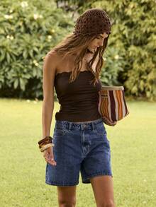 Aralina 女士夏季牛仔休闲妈妈短裤，沙滩装，Y2K斯德哥尔摩风格街头服饰 - 中等水洗藍 - 查看 3