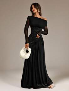 SHEIN Tall New Style One-Shoulder Long-Sleeved Contrasting Mesh Embroidery Asymmetrical Hem Splicing Super Long High Elastic Slim Dress Elegant And Romantic Black Dresses For Women Off Shoulder Formal Dress Long Sleeve Formal Dress Black Formal Evening Gown Long Black Elegant Dress - Black - View 1
