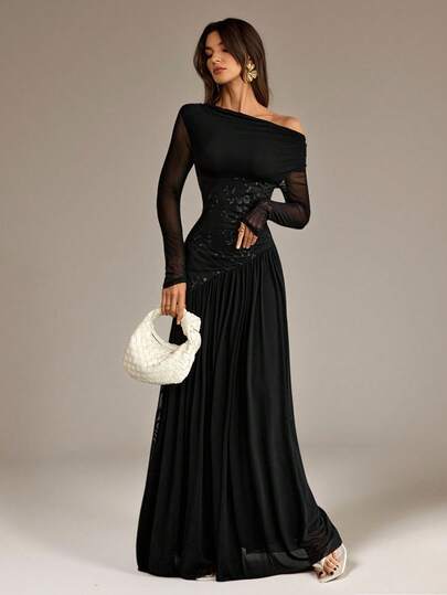 SHEIN Tall Ny stil med enaxlad långärmad kontrasterande meshbroderi asymmetrisk fåll skarvning superlång hög elastisk smal klänning elegant och romantisk