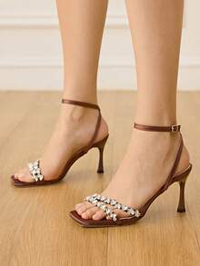 CUCCOO HITCHD 女士绿色水晶方头简约绑带方头细高跟鞋，优雅休闲舒适，适合办公室通勤穿着；粉色皮凉鞋，适合约会、派对、下午茶、正式场合。 - 鏽棕色 - 查看 7