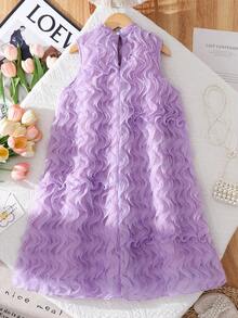 Stylish Tween Polyester Purple A Line Dress Sleeveless Flared Short Length With Zipper And Ruffle Pattern - Purple - View 2