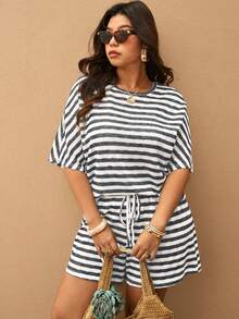 Elaquor Plus Size Casual Minimalist Knit Striped Loose Women 2-Piece Set, Women T-Shirt + Shorts, Suitable For Spring/Summer, Travel, Vacation, And Leisure Wear - Black and White - View 7