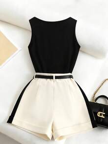 SHEIN Franclia Fashionable Casual Vacation Vibe Versatile Charming Urban Business Office Commute Playful Valentine's Day Date Party Beach Everyday Wear Sleeveless Crew Neck Knit Top With Contrast Trim Shorts Women 2-Piece Set (With Belt) - Multicolor - View 2