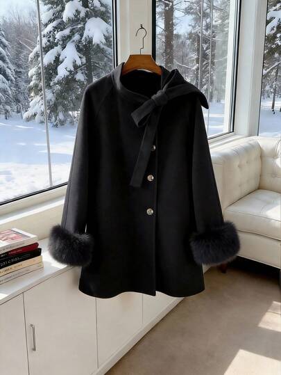 Franclia Plus Size Women Solid Color Knotted Collar Patchwork Fuzzy Cuff Elegant Wool Blend Coat, Autumn/Winter