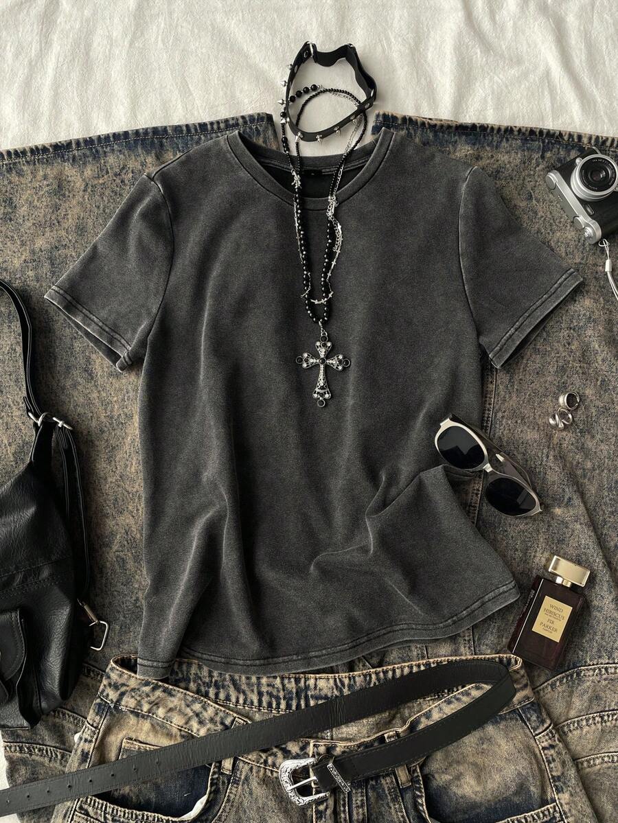 Attitoon 女士休闲水洗宽松短袖T恤，复古Y2K风格 - 黑色 - 查看 1