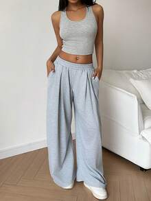 FavEase Quần bó sát lưng thun nữ xếp ly màu trơn thông thường - Xám - Xem 4