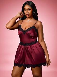 Truni Ensemble sexy en 2 pièces en satin, patchwork de dentelle rouge et noire pour femmes grande taille, pour la Saint-Valentin - Multicolore - Voir 4