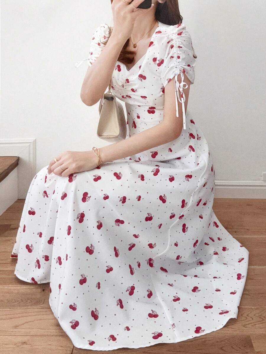 FRIFUL 女士樱花印花白色露肩抽绳蝴蝶结喇叭连衣裙，修身收腰，百搭婚礼宾客礼服，女士长款连衣裙 - 白色 - 查看 1
