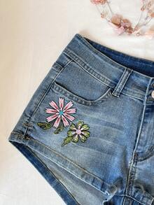 Elamini Quần short denim thêu họa tiết cạp thấp dáng casual dành cho nữ, thích hợp mặc mùa hè. - Rửa nhẹ - Xem 6
