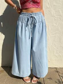 Sunnyshic Quần jean denim dáng rộng cạp cao xếp ly thoải mái có dây rút dành cho nữ cỡ lớn - Màu xanh lam - Xem 5