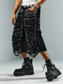 ROMWE MEN Street Life Men's Distressed Black Washed Denim Shorts - Black - View 8