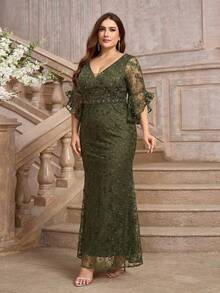 Aureia Plus Size Lotus Pink Beaded & Rhinestone Decor Ruffle Sleeve Lace Mermaid Formal Dress, Elegant Evening Gown - Army Green - View 3