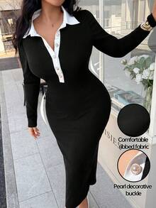 Calvaya Damen Kleid in Große Größen mit Knopfleiste und Kontrastfarben Schwarz & Weiß, Lässig - Schwarz - Übersicht 1