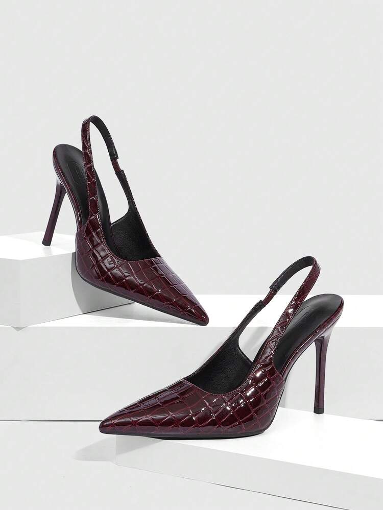 CUCCOO SZL Women Shoes Pointed Thin High Heel Burgundy Mirror Embossed Low Vamp Slingback Women's High Heel Shoes Simple Fashion Sexy Festival Party Banquet Women's High Heel Women's Shoes
