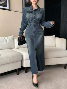 DAZY Women's Vintage Washed Denim Midi Dress With Large Pockets, Slim Fit, High Slit, Casual Business Office Wear, Spring/Summer/Autumn - Dark Wash - View 6