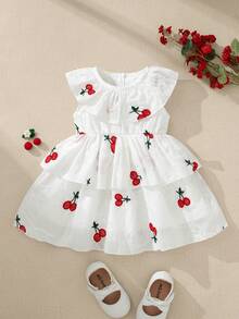Souflis Souflis Baby Mädchen Sommer Neu Rüschen Kragen Lochstickerei Kirsche Muster Vintage Ärmellos Kleid - Rot-Weiß - Übersicht 2