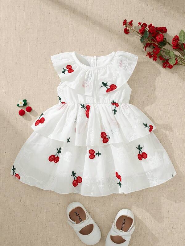 Souflis Souflis 女婴夏季新款荷叶边领镂空刺绣樱桃图案复古无袖连衣裙